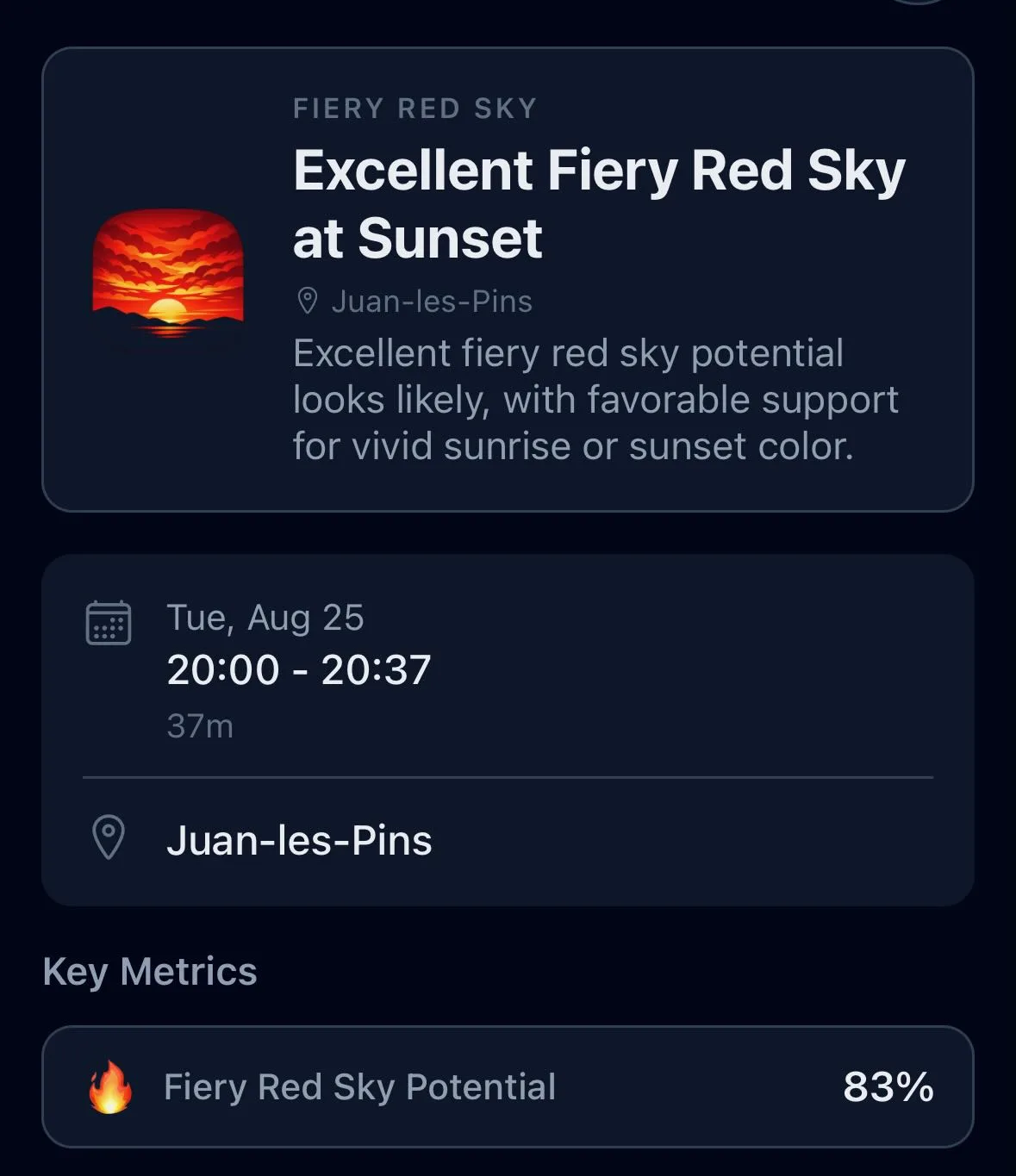 PhotoWeather alert for Juan-les-Pins showing “Excellent Fiery Red Sky at Sunset” and 83% Fiery Red Sky Potential