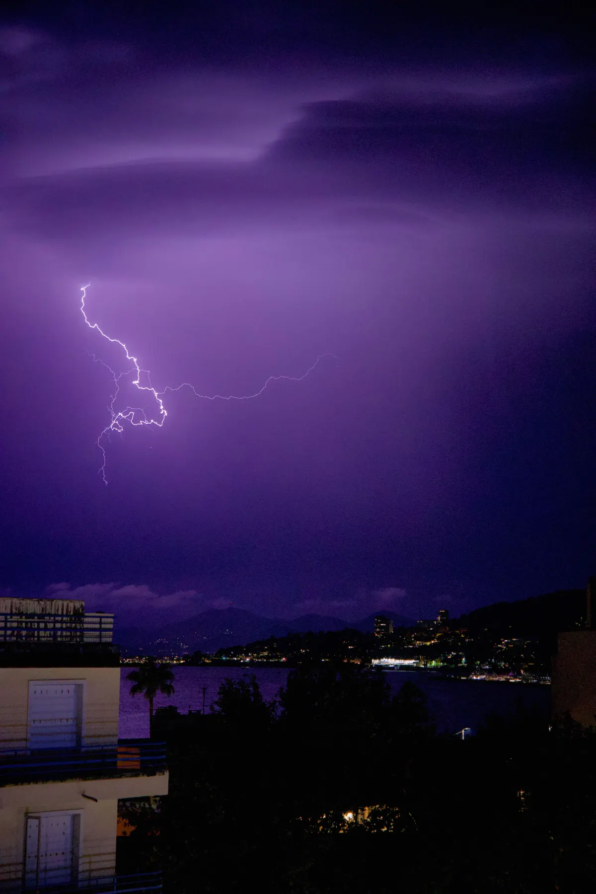 Vertical photograph of lightning over Juan-les-Pins