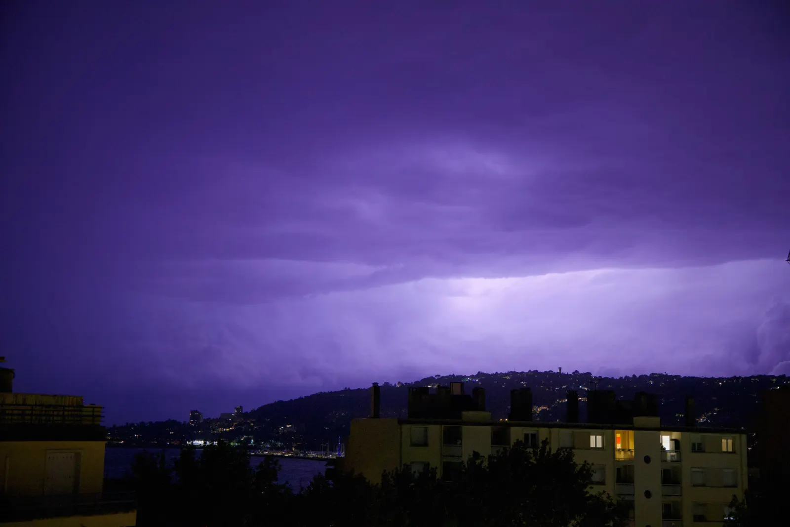 Lightning flashing above Juan-les-Pins at night