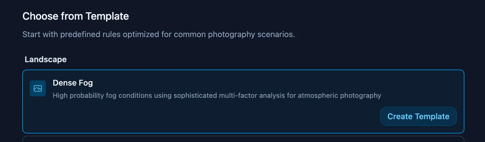Screenshot of rule template view showing Dense Fog template