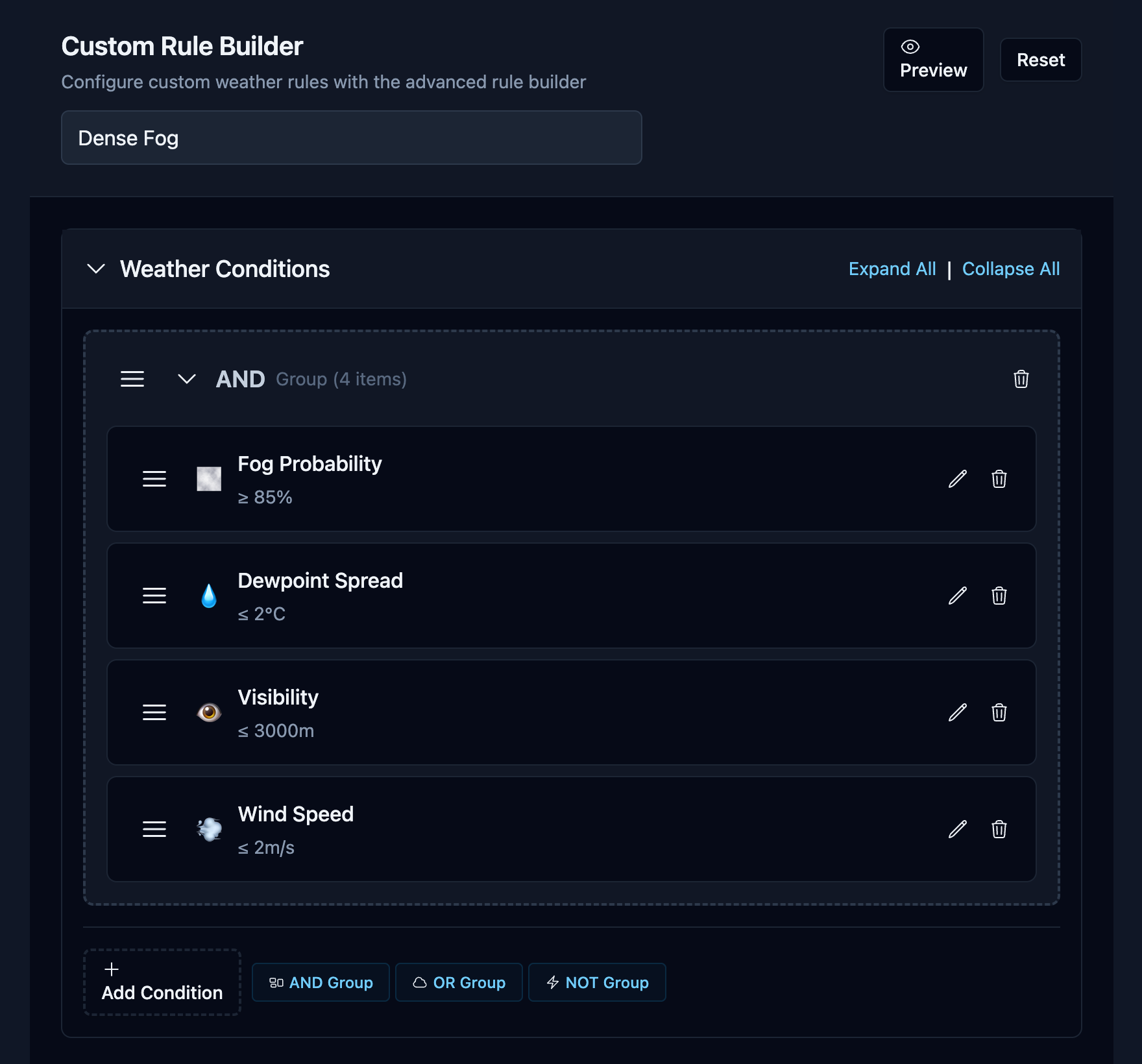 Screenshot of rule builder view showing threshold adjustments