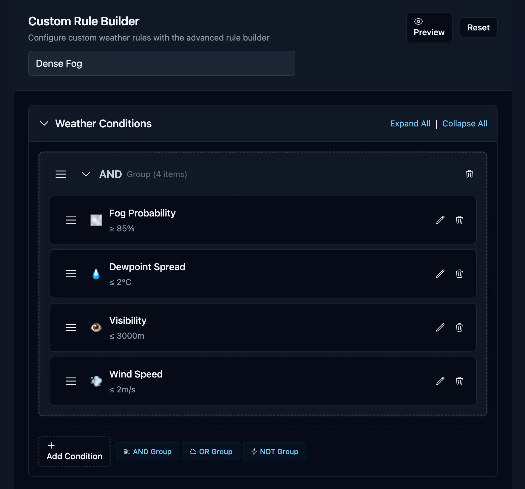 Screenshot of rule builder view showing threshold adjustments