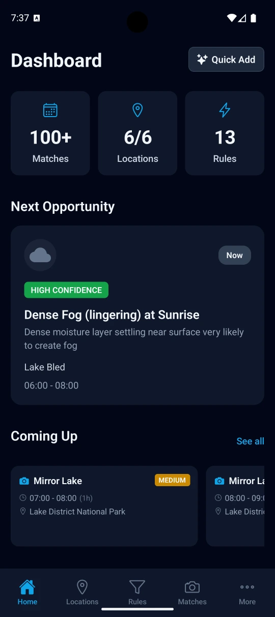 PhotoWeather mobile app dashboard showing upcoming opportunities